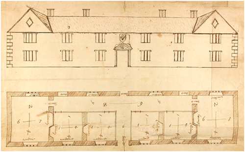 A 17th century sketch plan and elevation of the Almshouses by John Lanstafe, the man who designed them. The original is in Palace Green Library (Mickleton and Spearman MS 91 f.2).